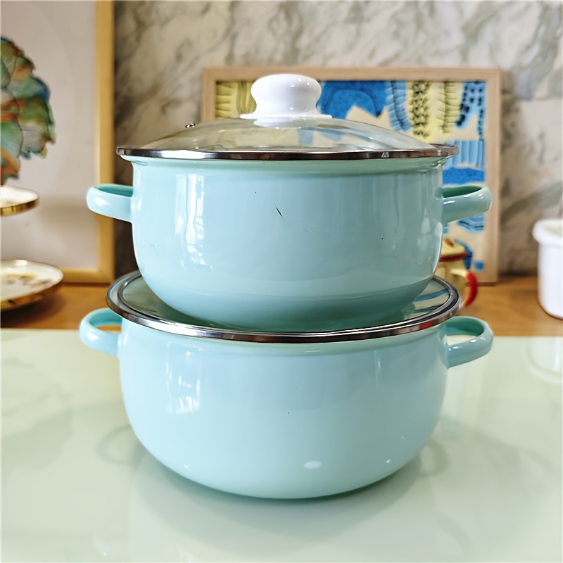   enamel   with lid double handle thickened design 22 24cm mint green soup pot details 16