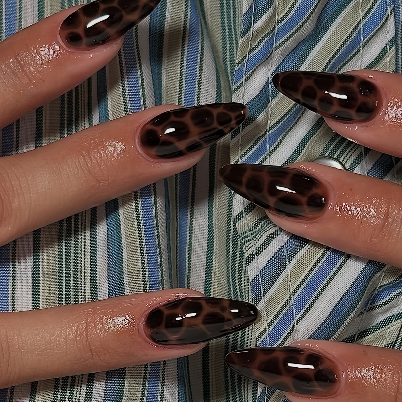 TEMU Danartlux 24pcs Medium Long Almond Press-on Nails, Fall Winter Chocolate Brown Leopard Print, Y2k Vintage Animal Print Fake Nails, Tips For
