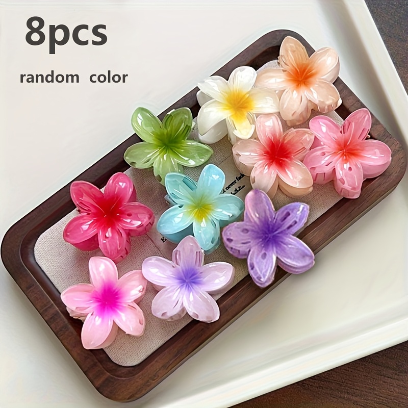 TEMU Juego de 8 pinzas de garra para mujer con diseño de plumeria en colores aleatorios, horquillas pequeñas de peine trasero, para el pelo de