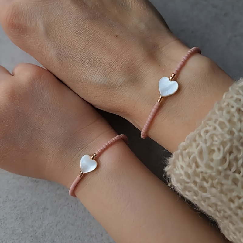 Image of 2pcs Women's Fashion Bracelet Bohemian Heart Element Bracelet Elegant Decorative Beaded Woven Bracelet Mother-daughter Bracelet Suitable For Daily Wear, Holiday Gift, Travel Vacation