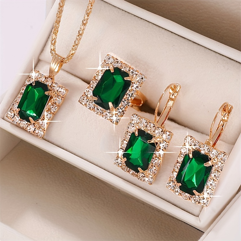 

1 Necklace + 1 Pair Of Earrings + 1 Ring Elegant Jewelry Set Classy Rectangular Design Paved Emerald Zirconia Match Daily Outfits Party Accessories