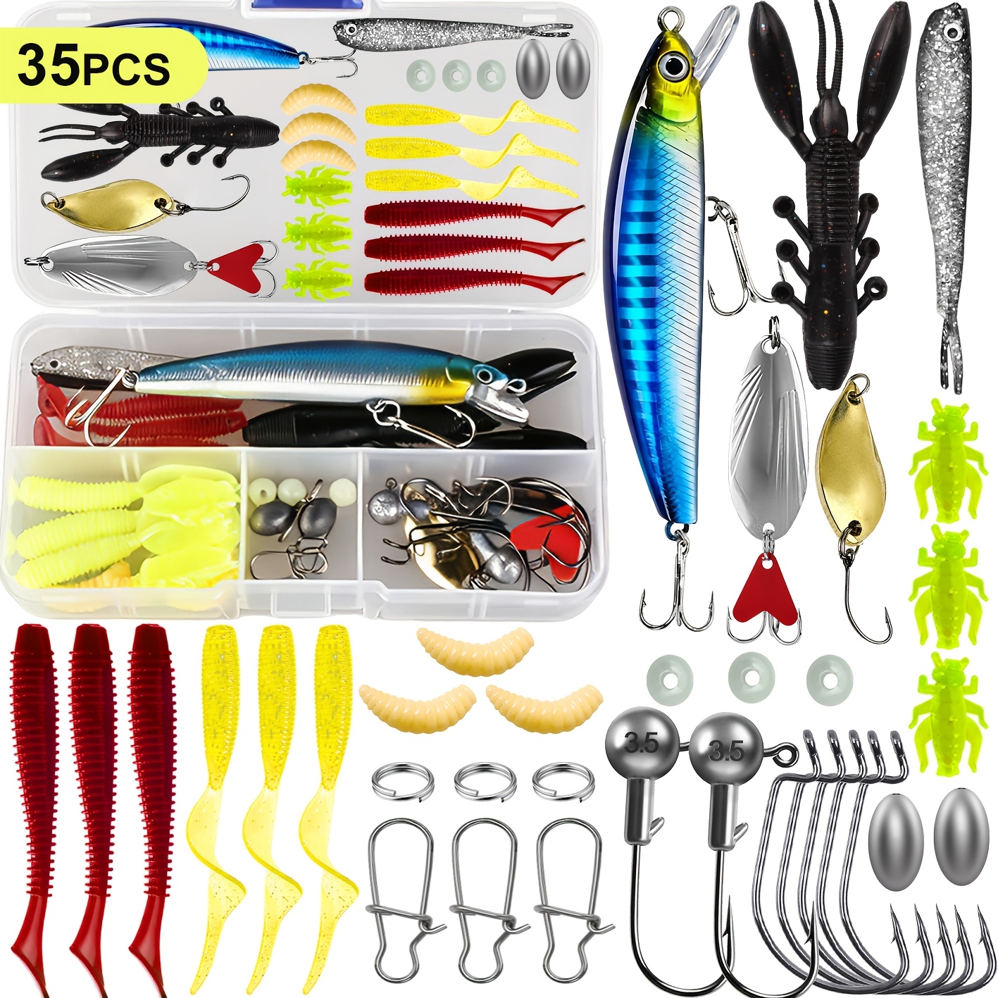 TEMU 35/124/154pcs Lure Bait Set Beginner Starter Full Set Artificial Baits Perch Universal Bait Additions Suitable For Freshwater Saltwater
