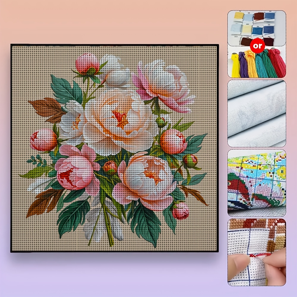 DIY Cross-Stitch Printed Kit, Peony Floral Bouquet Pattern