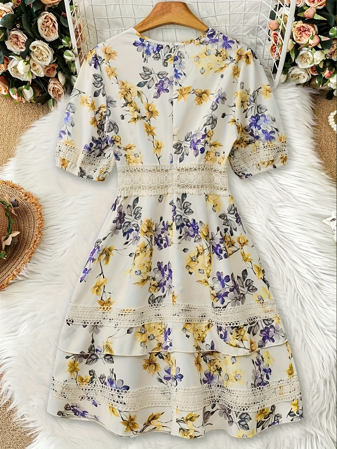 white floral dress knee length The Greta Floral Swing Dress in White  Vintage Diva