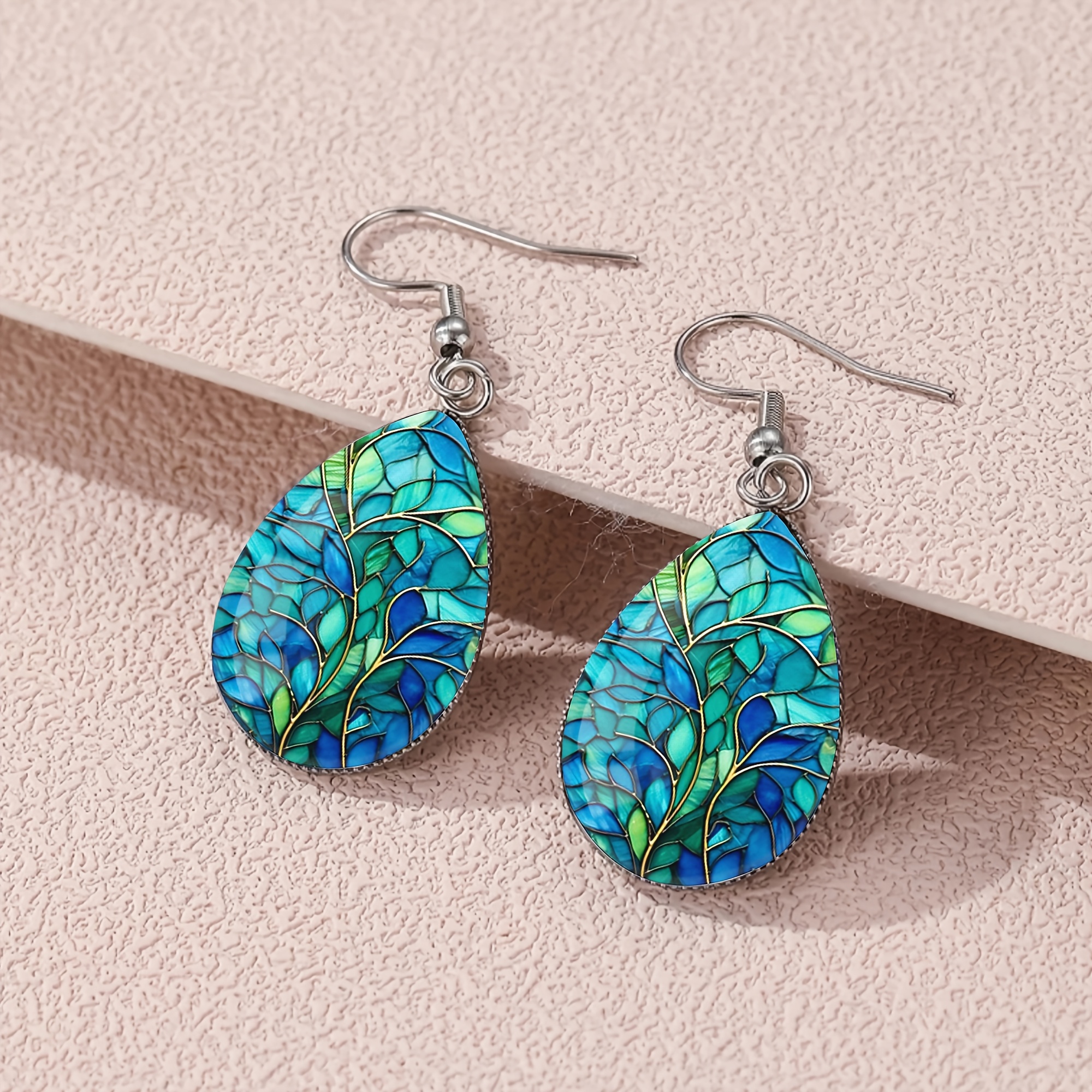 TEMU 1 Paire de Boucles d'Oreilles de à Motif de Feuilles en Verre Émaillé Dégradé et Bleu avec Verre Convexe et Acier Inoxydable 316, Style Vintage