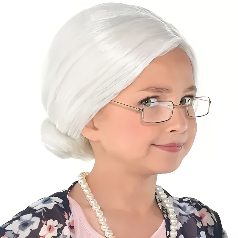 

Usa -day Grandma Wig For Girls - Heat-resistant, Curly White Hair With Bun, Easy-to-wash Plastic, Ideal For Costume Parties & Celebrations, Wig Accessories