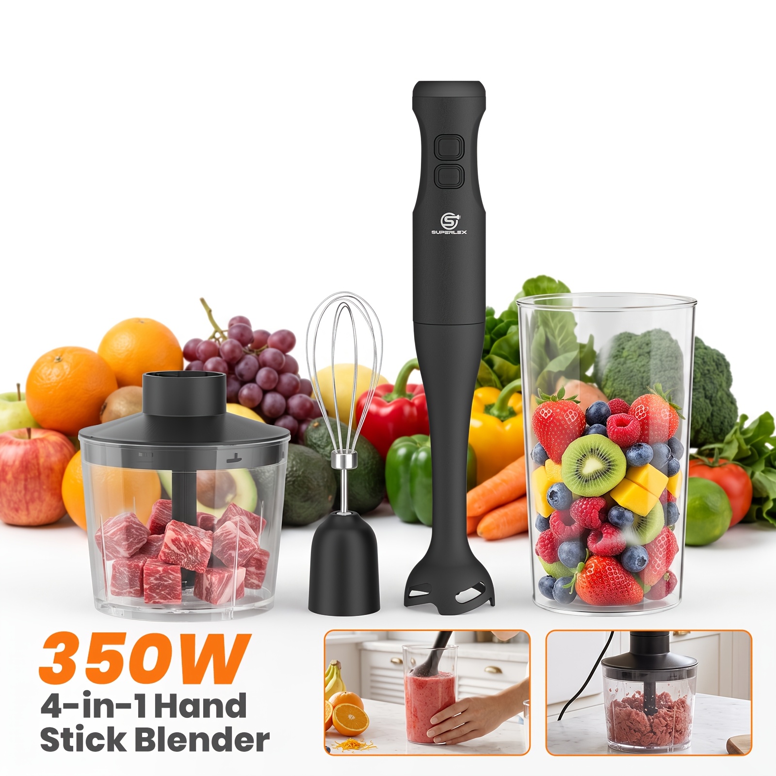 Image of Superlex 350w 4-in-1 Hand Stick Blender With Matte End Body, 2 Speed Control & Detachable Stainless Steel Blade, Household Mixer For Smoothies, Baby Food And Soups