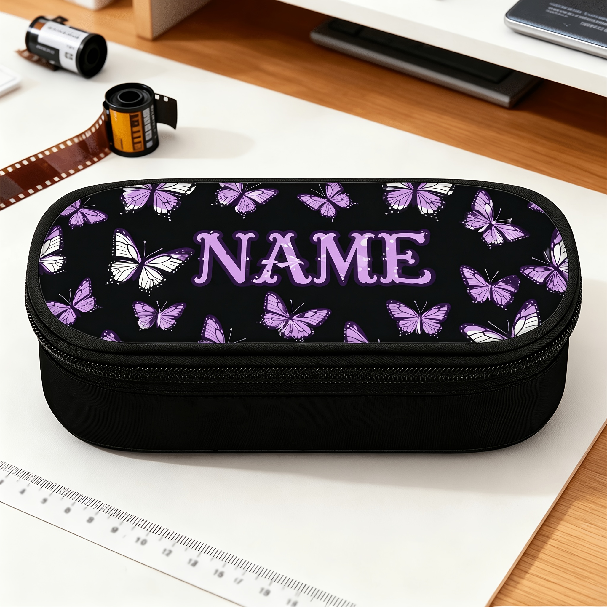 TEMU Customized 1pc Purple Butterflies 2d Flat Pattern Large Pencil Case With Zippered Compartments, Fashionable Personalized Custom Name/text Pencil