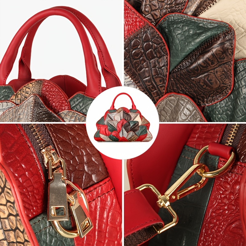 [Genuine Leather Satchel] Genuine Leather Satchel Handbag - Cobbler Legend Wo's Handmade Top Layer Cowhide with Lotus Flower & Crocodile Texture Design, Detachable Strap, Zipper Closure, Vibrant Color Block for Casual & Formal Occasions