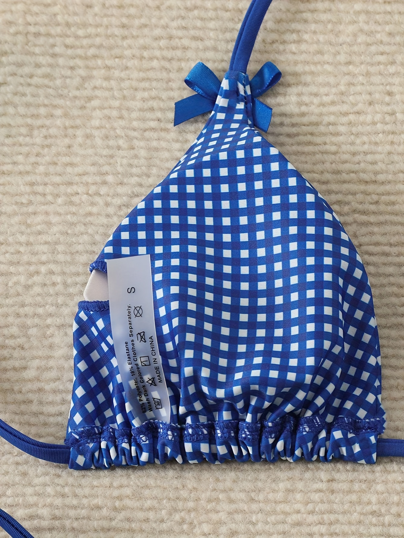 Blue and White Plaid Bikini with Bow Decoration and Triangle Top Sexy Vacation Two-piece Swimsuit