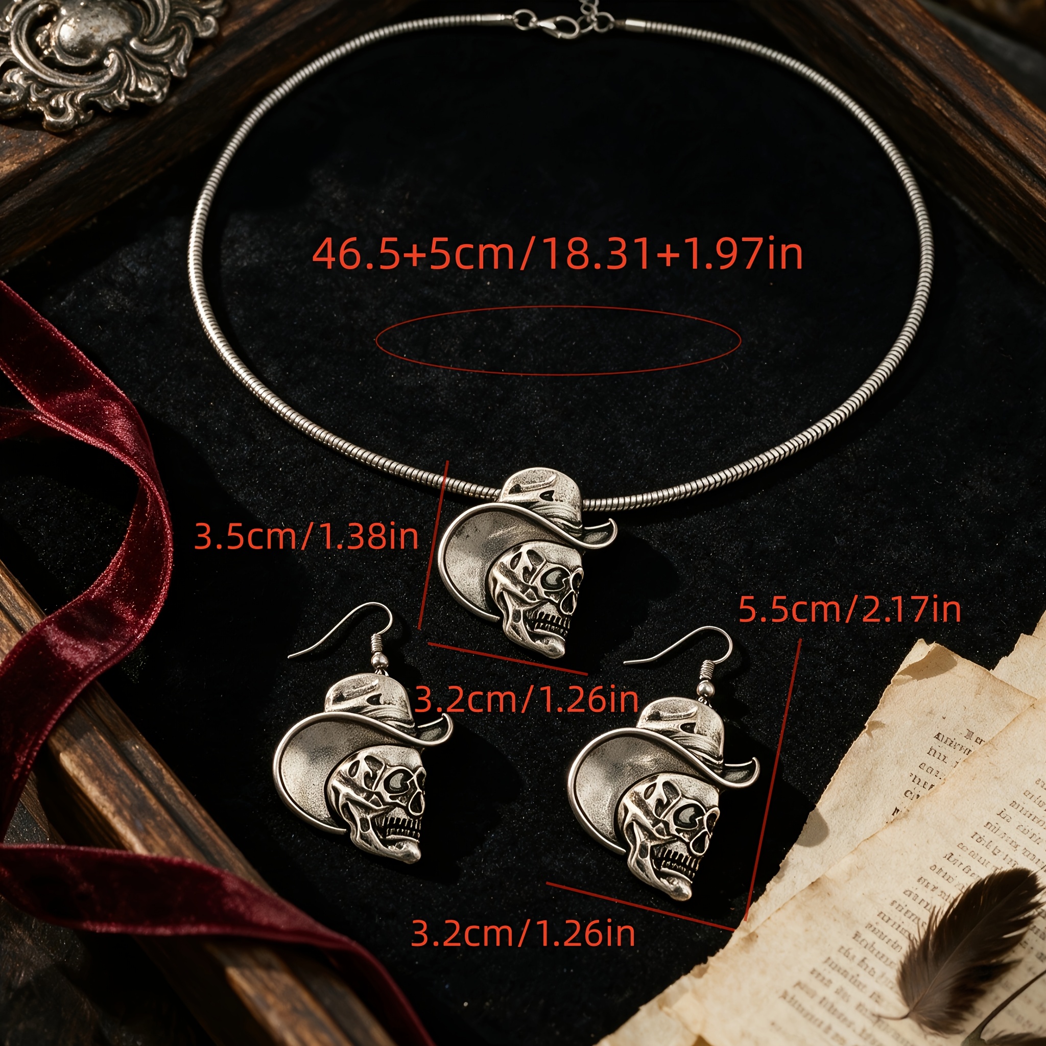 2pcs Women's Vintage Distressed Denim Hat Skull Necklace Earrings Set
