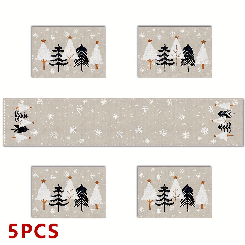 TEMU 5pcs Christmas Snowflake Christmas Tree Placemat And Table , Polyester Rectangular Runner Placemats With Snowflake Christmas , Hand-washable