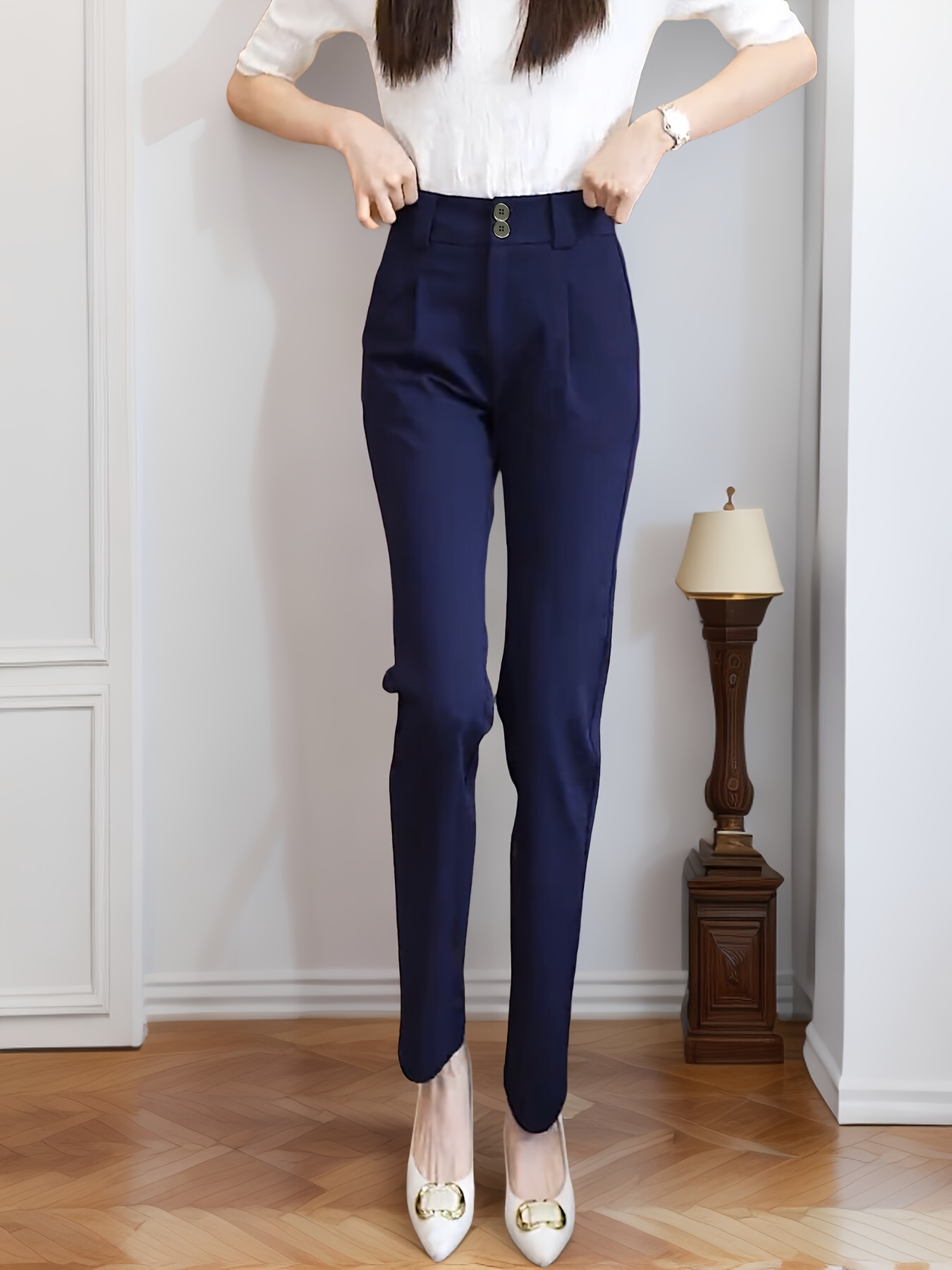 womens high waist stretchy double button zipper work pants Temu