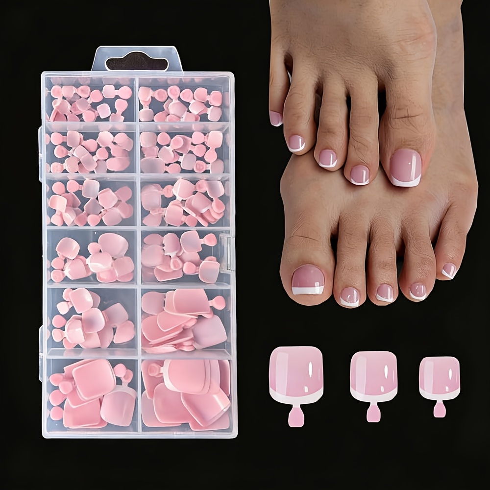 Image of Pink Toe Nail Tips, Short Square French Tip Press On Toenails For Women, 120pcs Press On Toe Nails, 12 Size Wearable Full Cover Fake Toenails For Spring Summer Manicure Diy