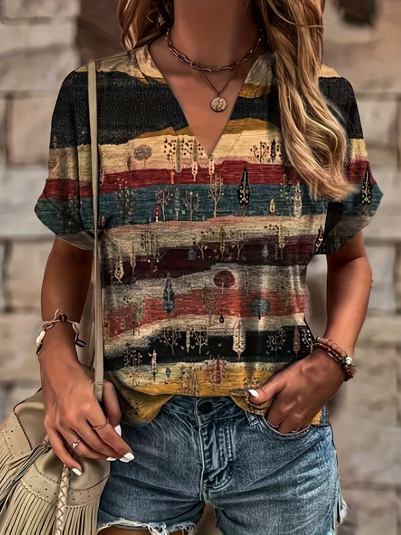 Women's Bohemian Ethnic Print V-Neck Short Sleeve T-Shirt - Summer Casual Loose Fit Plus Size Top with Vibrant Geometric Patterns, Machine Washable, Cute T Shirts, Stylish Streetwear, Nontransparent Fabric