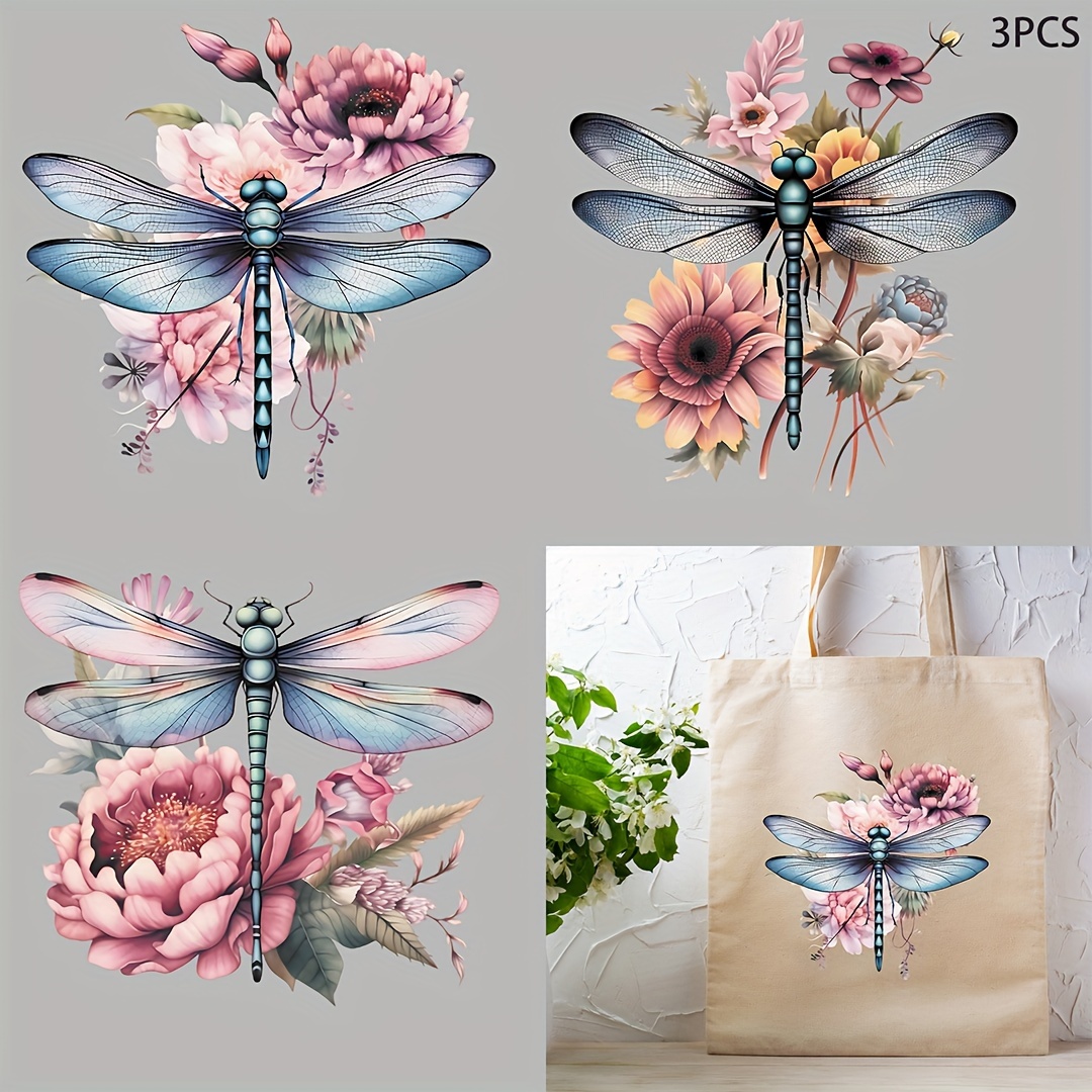 

3/6pcs Fresh Flower Dragonfly Cartoon Heat Transfer Sticker, Diy Iron-on Clothing Supplies & Appliques For Clothes, T-shirt Making, Pillow Decorating