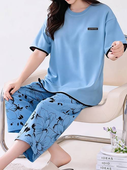 womens purple floral letter print pajama set round neck cuff top with capri pants casual loungewear us eu sizes