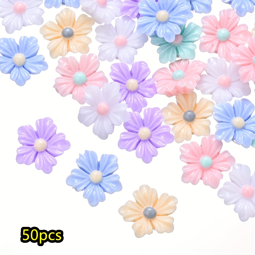 2d Flat, 50pcs Bohemia Flower Flat Back Cabochon Beads Spring 3d Luminous Daisy Beads Diy Craft For Jewelry Hand Making Accessories Phone Case Decoration