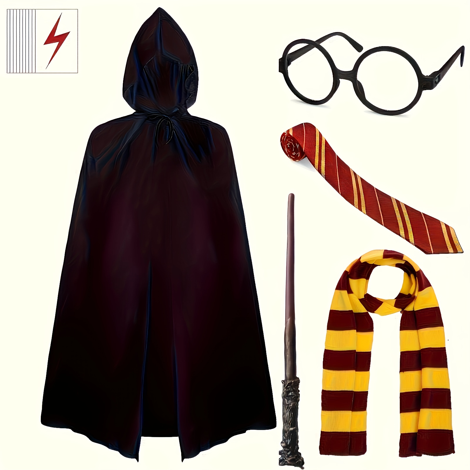 

15pcs Deluxe Wizard Costume Accessories Set - Includes Hooded Robe (69"'), Magic Wand, Striped Scarf, Round Glasses & More - Polyester, Feather-free Outfit For Halloween & , Halloween Costumes