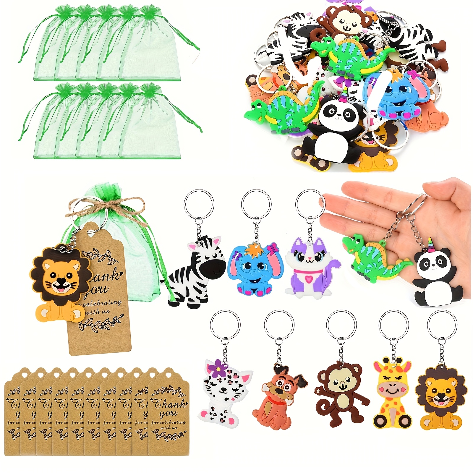 

30pcs Animals Theme Gift Set, 10pcs Keychain 10pcs Organza Bag 10pcs Thank You Card For Birthday Gift Jungle Animals Theme Party Gift