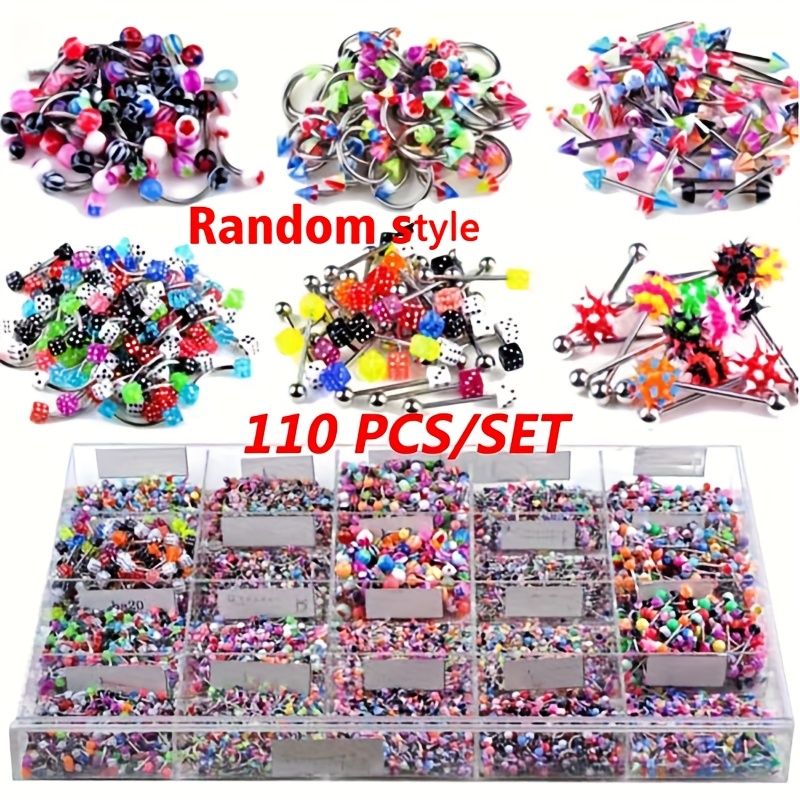 TEMU Random Style110pcs/set Mixed Styles Eyebrow Navel Belly Lip Tongue Nose Piercing Bar Ring Labret Barbell Studs Tunnel Piercings Body Jewelry