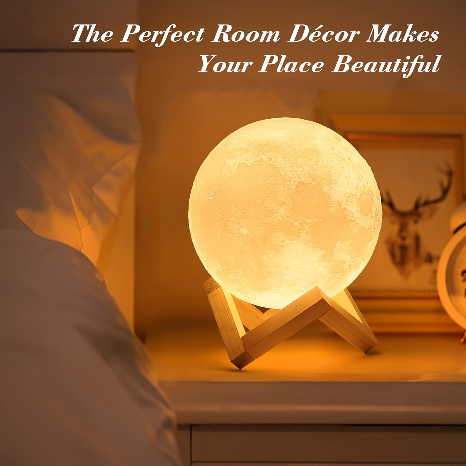 Night Lights Moon Lamp with Stand and Remote Control USB Plug-in Moon Lamp, White Ball Moon Lamp Wooden Frame Base, 16 Colors LED Night Light_voghion.com