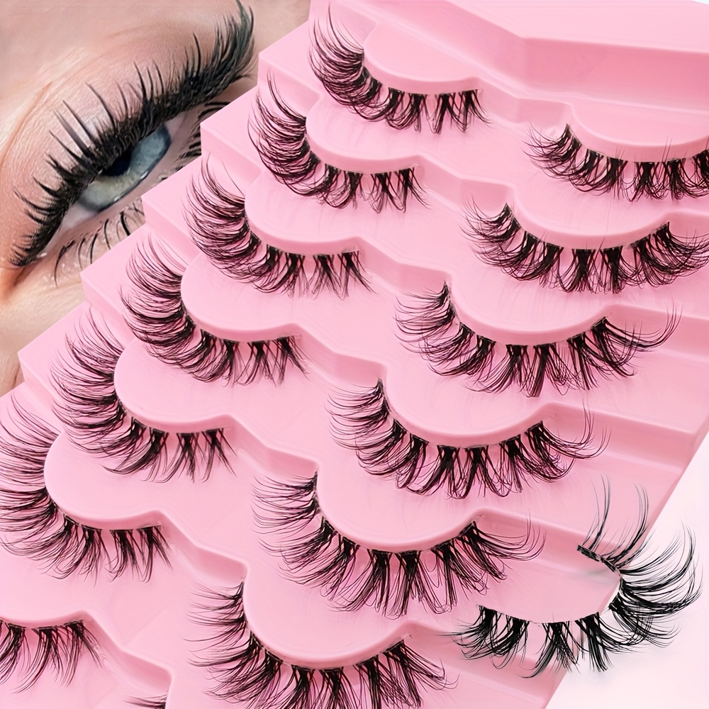 7 Pairs False Eyelashes Transparent Stem, Natural Lashes Wispy Cat Eye Lashes Extension Strip Eyelashes