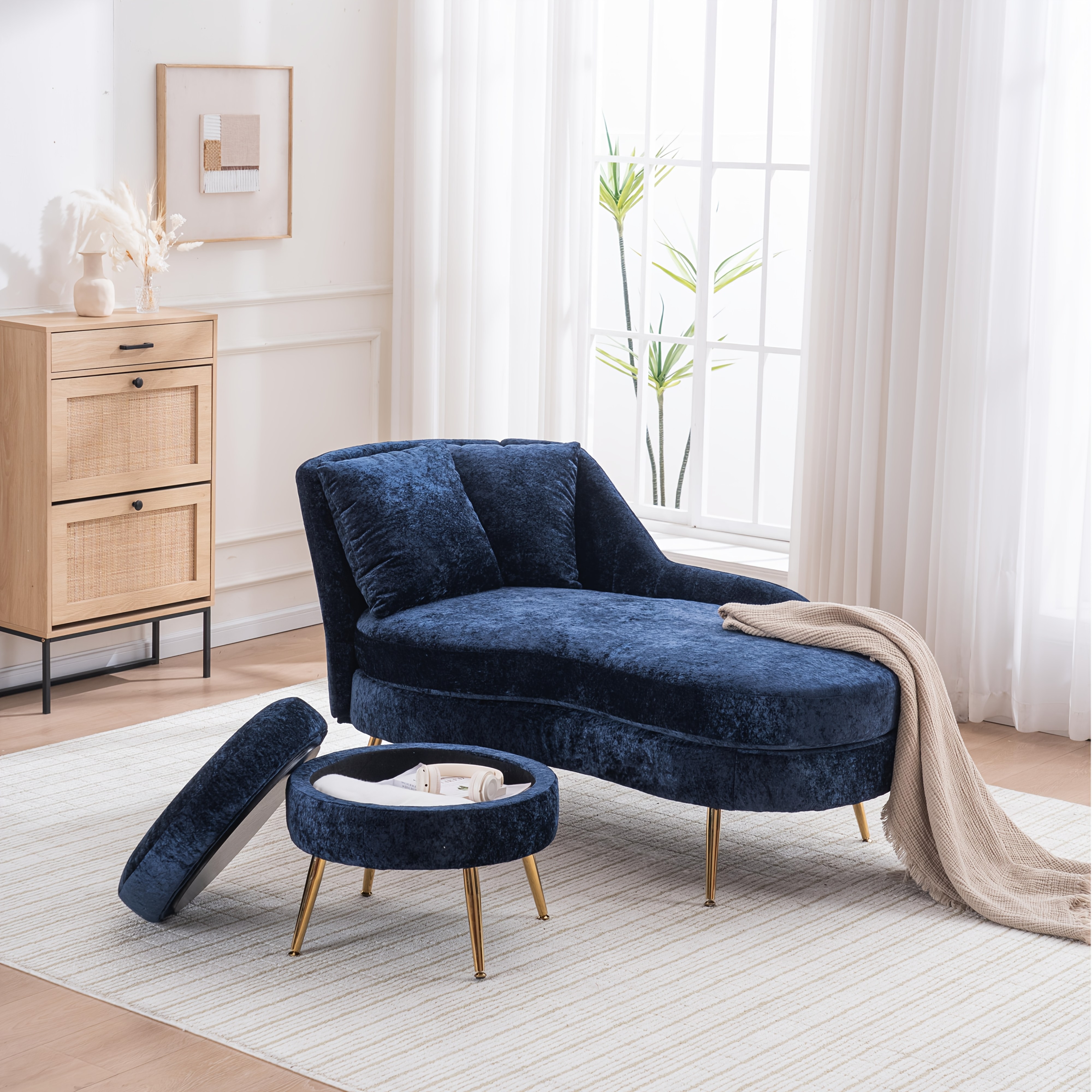 58'' Indoor Chenille Chair with Left Armrest And Lumbar Pillow Upholstered Furniture Lounge Chair, Lounge Sofa for Living Room Bedroom Office with Footstool.