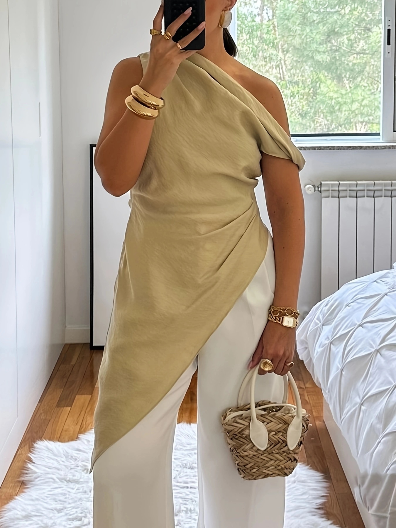 elegant one shoulder asymmetrical blouse women beige ruched Temu