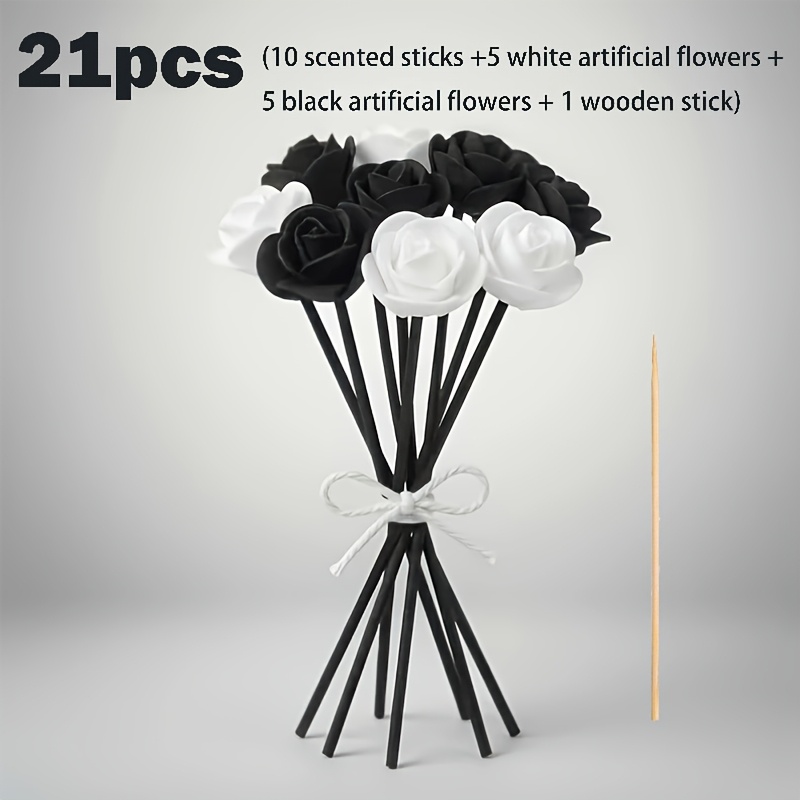TEMU 21pcs Black And White Flower Scent Diffuser Set (unscented) - Includes 10pcs Black Scent Sticks, 5pcs White Artificial Flowers, 5pcs Black