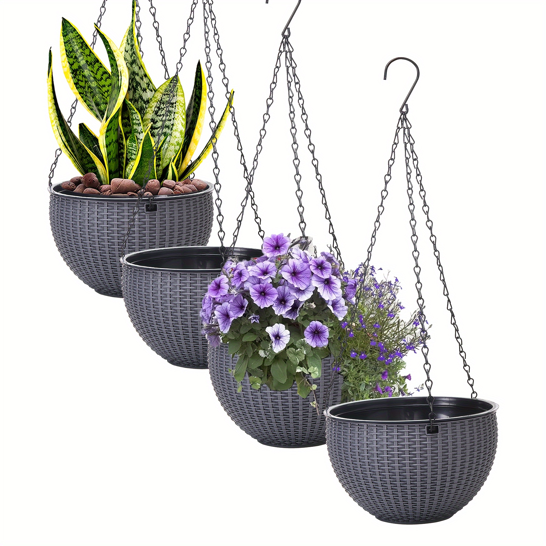 

Rattan Patterned Plastic Hanging Flower Pots - 8.4 Inches, 4 Pieces, Double Pot Design With Drainage Channel And Chain Hook - Weather Resistant Indoor/outdoor Plant Hanging Basket