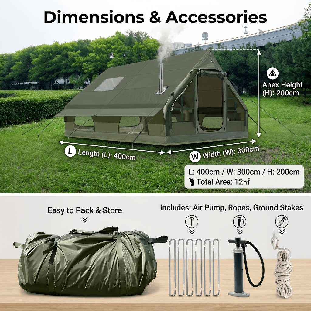 TEMU Large Outdoor Inflatable Tent For 8 People, Featuring A Spacious 12 Square Meters, Insect Netting And Skylight Design, Quick Inflation Setup,