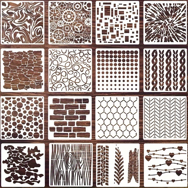 

16-piece Geometric Stencil Set For Wood, Brick & Wall Decor - Includes Heart, Dot, Gear, Square, Tree Grain, Abstract Patterns - Perfect For Scrapbooking, Cookies, Furniture & Floor Design