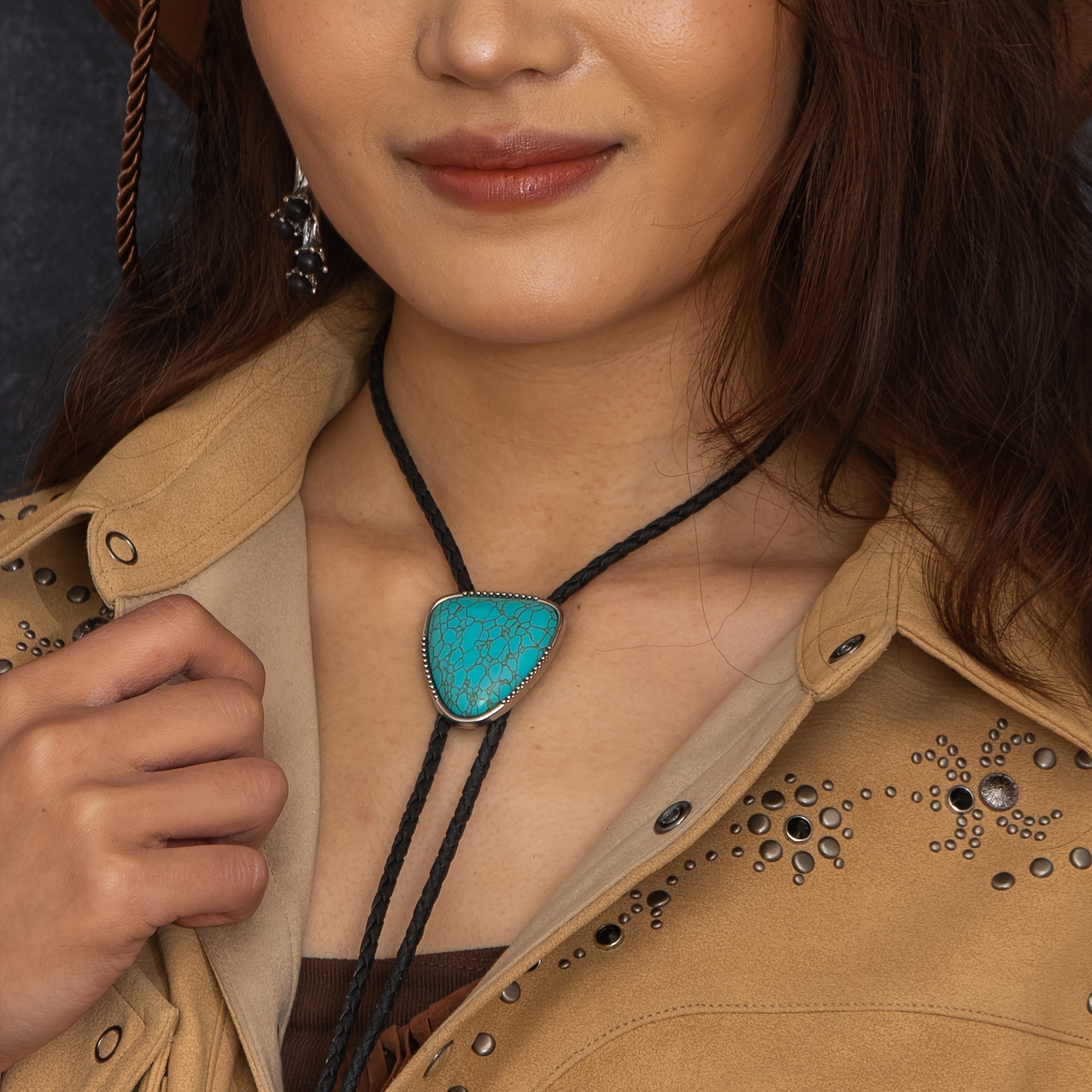 Western Style Bolo Tie Necklace with Turquoise Stone, Adjustable Length