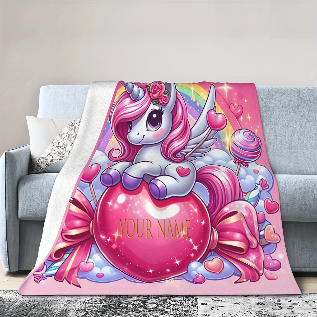 

Custom Unicorn Name Flannel Throw Blanket - Hd , Soft & Cozy, Couch, Bed, Office, And Travel - Gift Idea