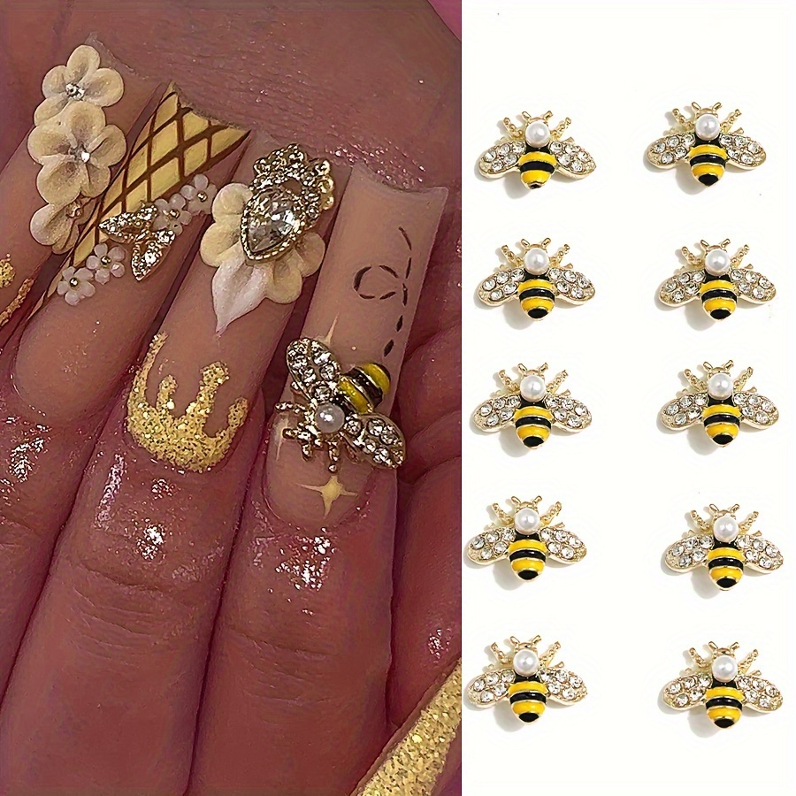 Set Of 10 Bee-themed For Nail Art Decorations, Featuring 3d Golden Alloy Bees. Perfect For Nail Designs, Cute And Kawaii Charms Come With Crystal Rhinestones, Making Them Ideal Additions For Women And