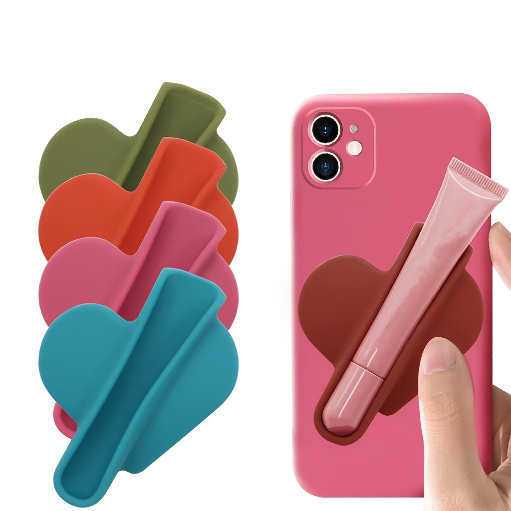 

Silicone Heart Phone Case With Lipstick Holder, Adhesive Grip, Fashionable , European And Style, Accessory