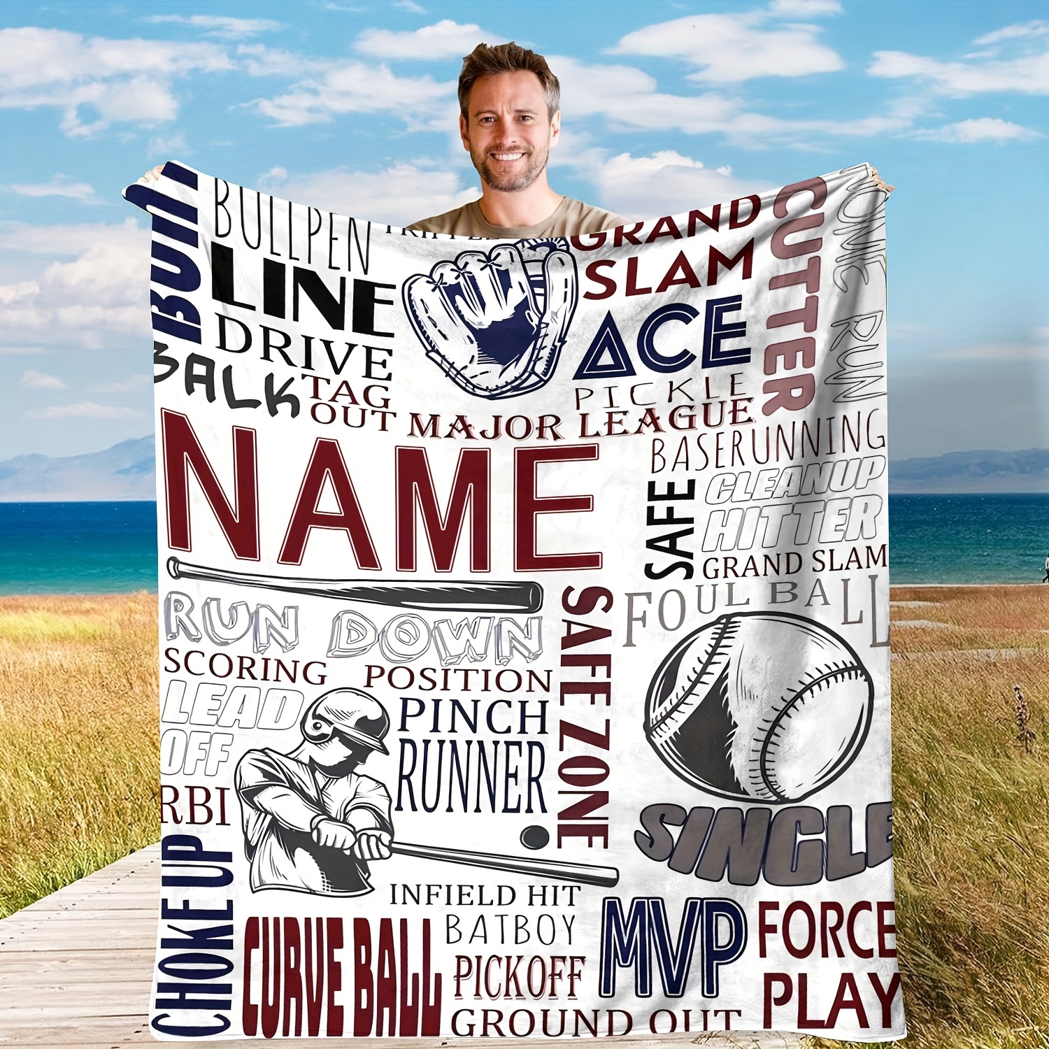

1pc Custom Name Blanket Sports Lovers Balls Custom Name Blanket Baseball Flannel Blanket Gift For Son