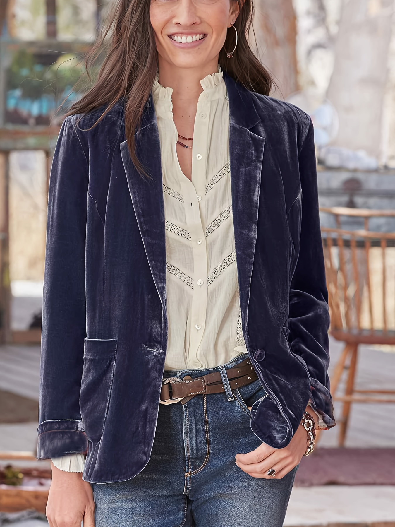 womens vintage velvet button lapel long sleeve wide Temu