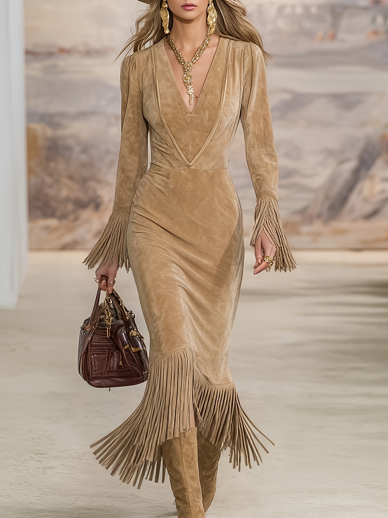 Vintage Western V-Neck * Suede Dress with Fringe Hem & * Pleated - Fitted  Long Dress Suitable for - Wear, Hand Washable Solid Color for Weddings,  Parties, Themed Events
