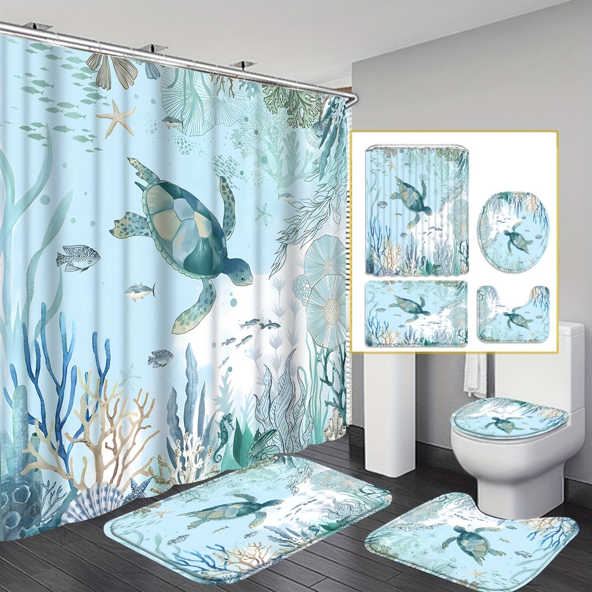 Sea Turtle Bathroom Sets Decor with Shower Curtain and Rugs and Accessories  Under The Sea 4 Piece Shower Curtain Sets with 12 Hooks with Non-Slip Rug  Toilet Lid Cover and Bath Mat 