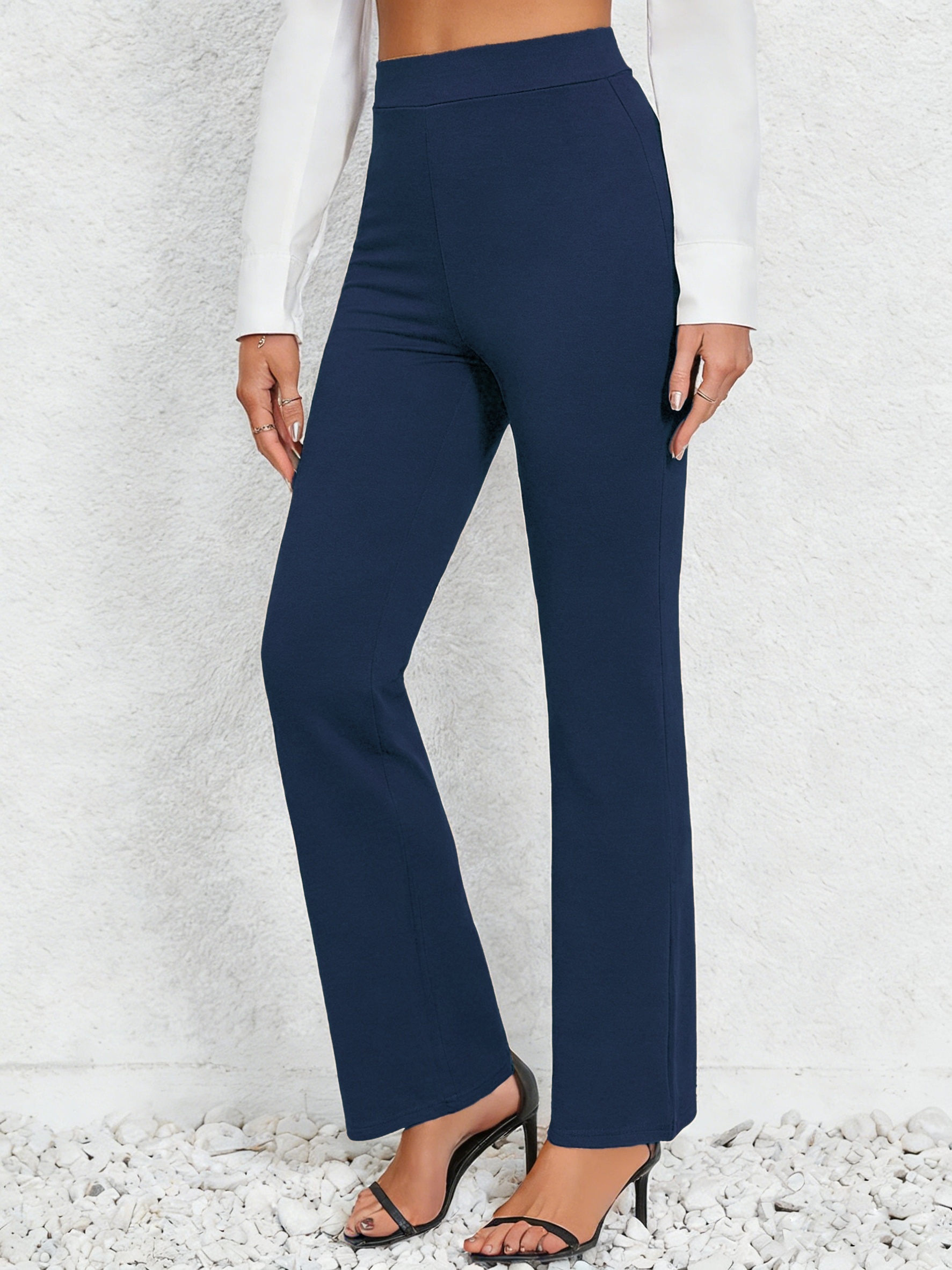 womens elastic straight leg pants   elastic waistband polyester fiber machine washable   wear simple and stylish casual pants   stretch fabric