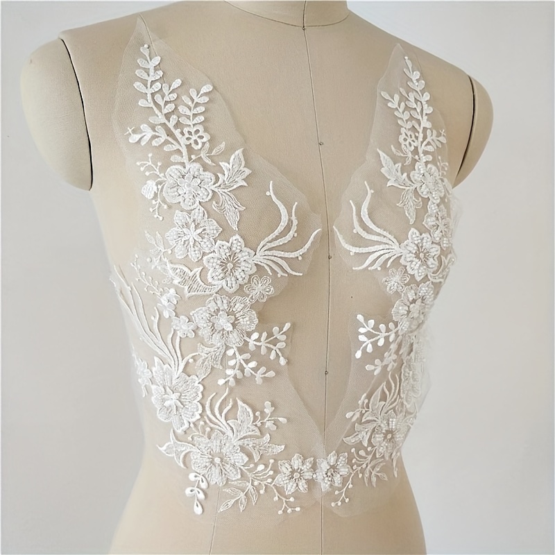 Image of 1 Pair White Intricate Embroidery Sequin Bead Lace Fabric Patch Applique Piece Wedding Dress Evening Gown Headscarf Clothing Decoration