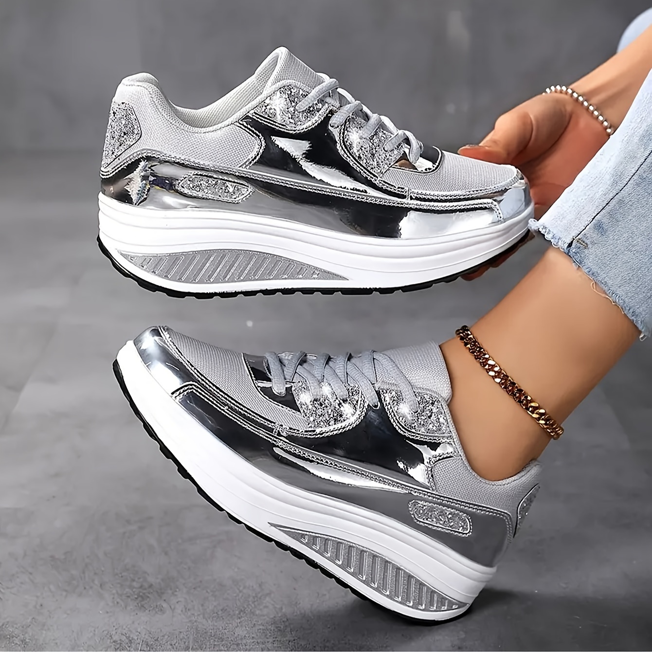 

Women's Casual Silvery Glitter Sneakers, Platform Wedge Outdoor Walking Shoes, Shiny Reflective Sports Shake Shoes