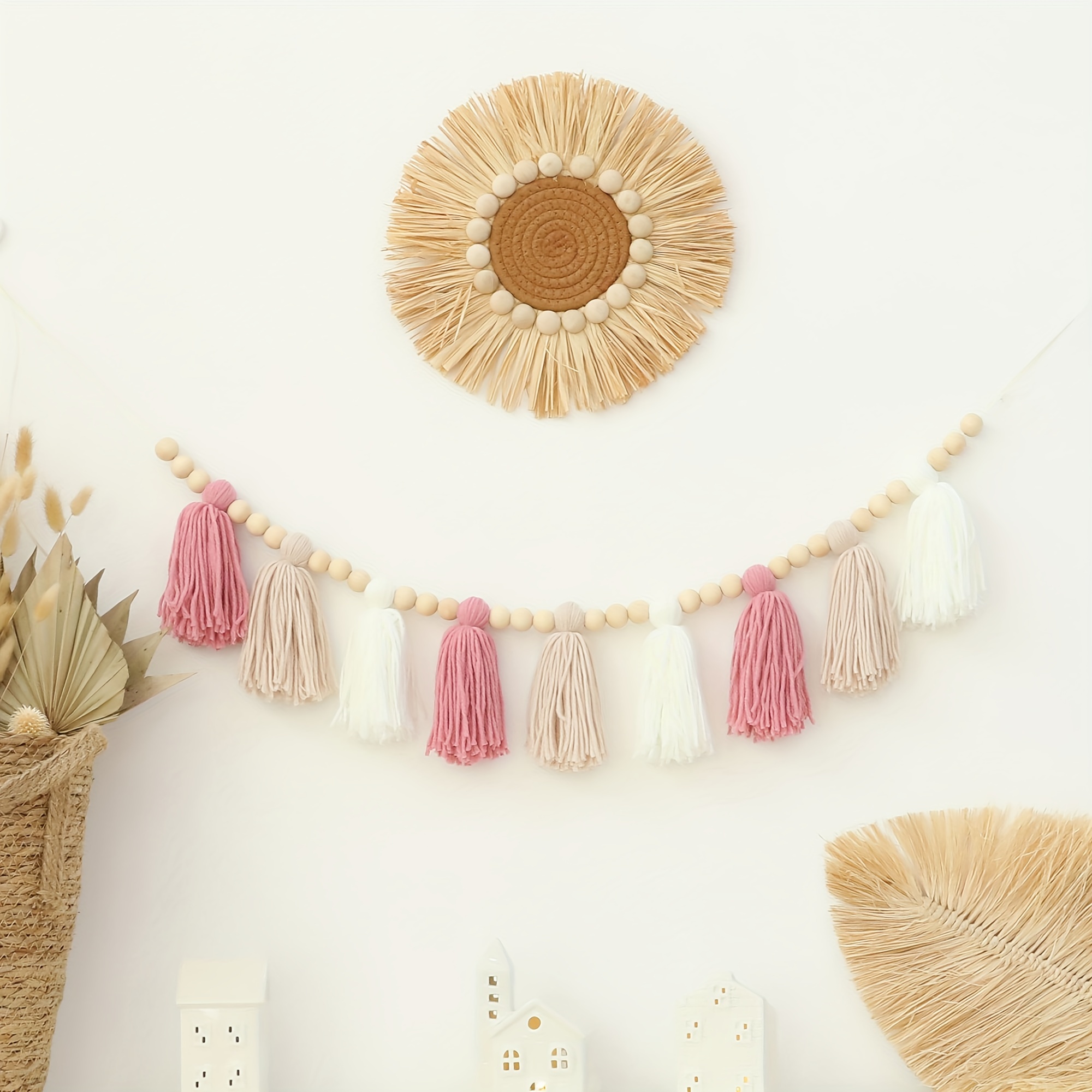 

Handcrafted Boho Chic Tassel Garland Banner In Pink, Khaki & White - Room Decor, Wall Accents & Photo Props