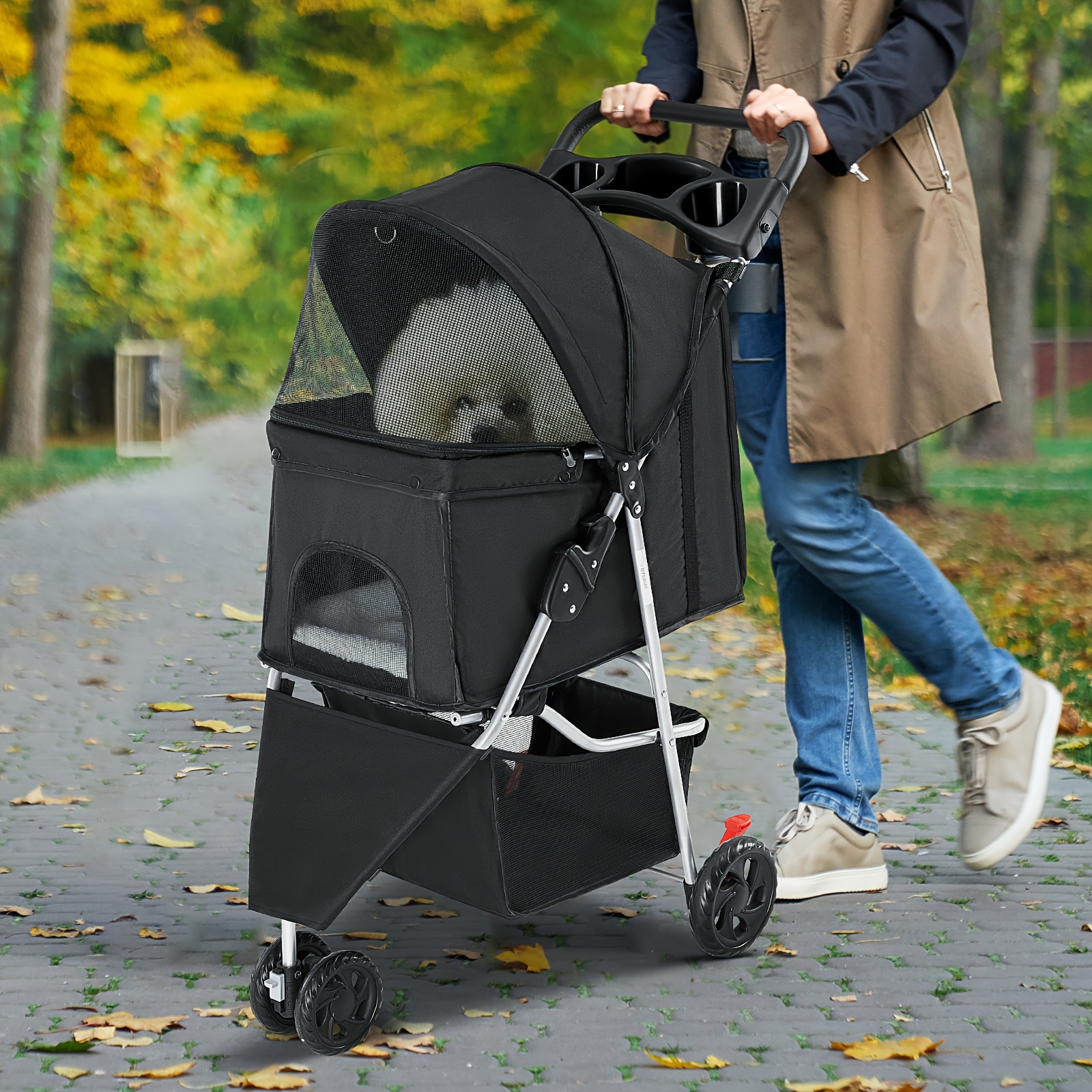 

Jhk Foldable 3-wheel Pet Stroller For Small And Medium Cats And Dogs - Metal Frame, Breathable Fabric, Wheel Lock, Cup Holder, And Detachable Liner -