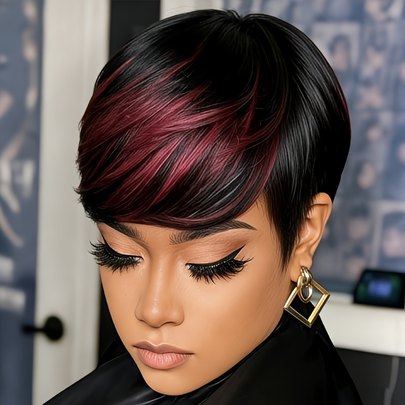 TEMU Short Cut Wig Human Hair With Bangs & Burgundy Highlights Suitable For , Natural Black/burgundy 1b/99j Color Short Layered Cut Wig, Human Hair Glueless Wig