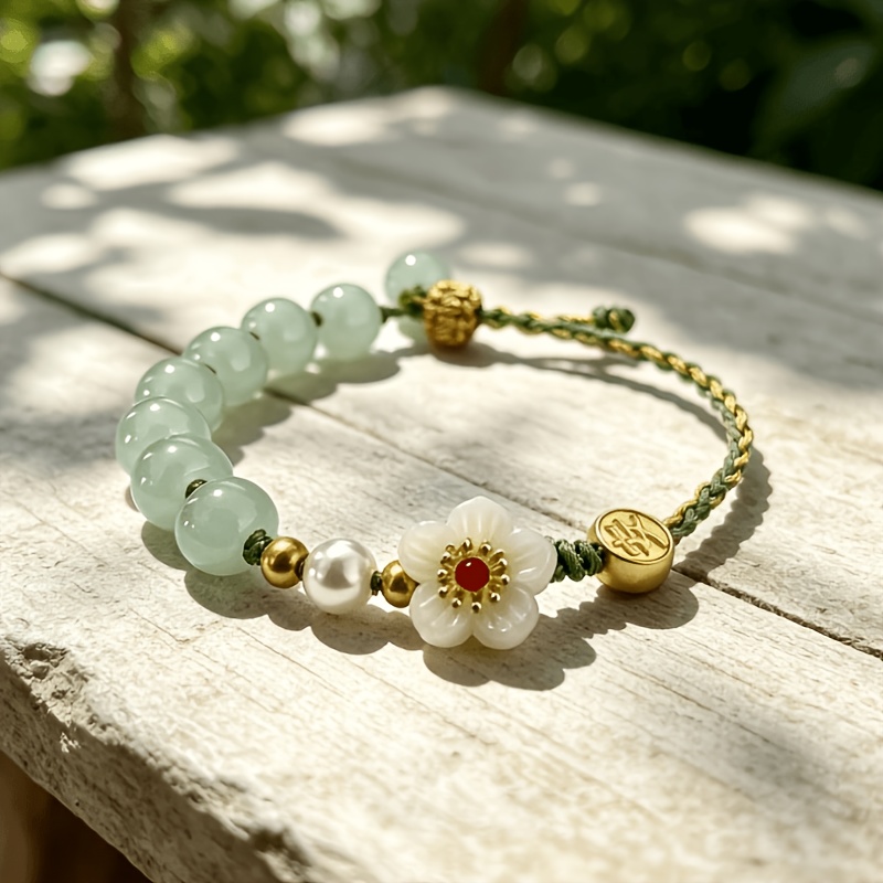 TEMU 1pc Bohemian Light Aquamarine Beaded Women's Bracelet, Hand-woven Adjustable Cord With White Shell Flower, Exquisite And Elegant Everyday