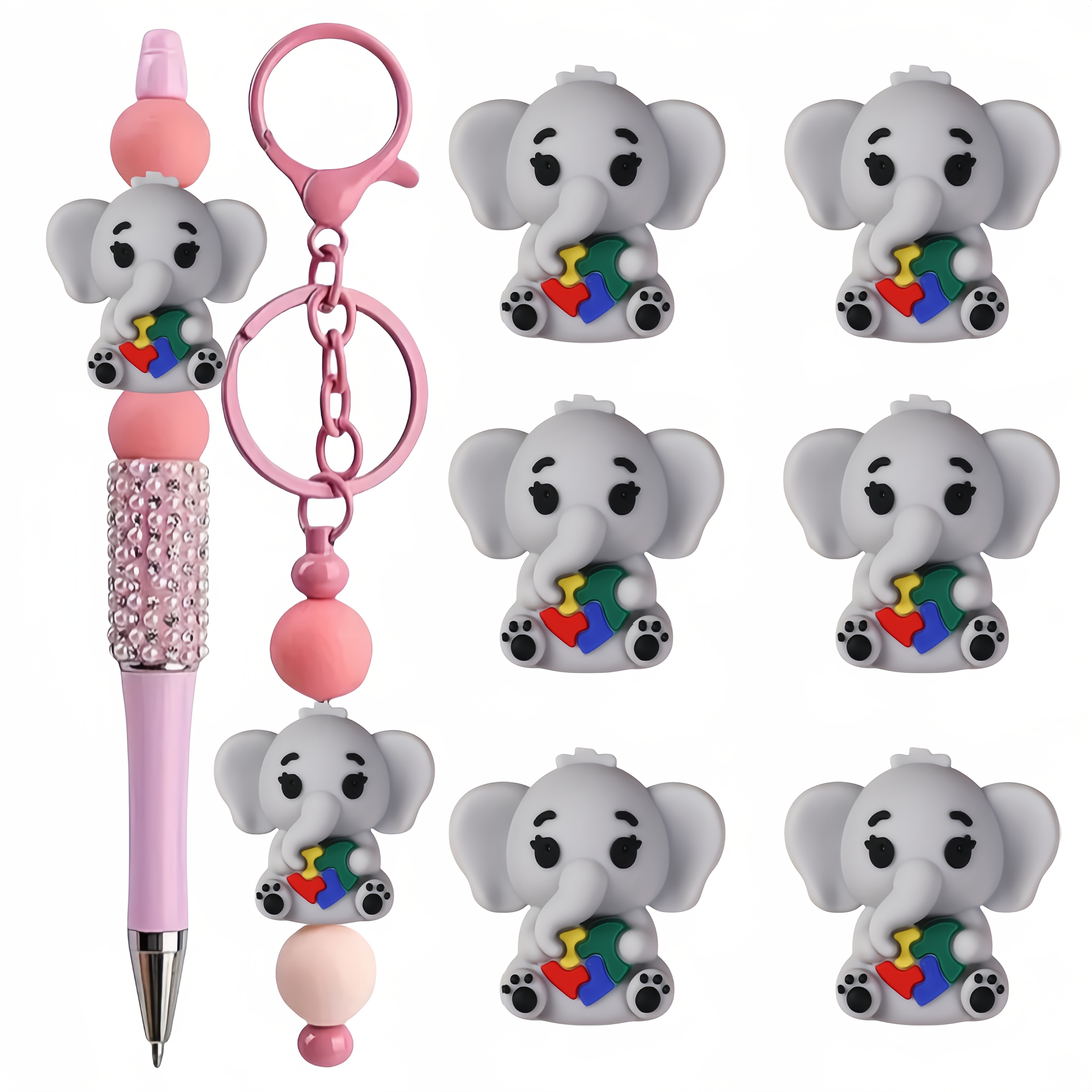 

6pcs 3d Awareness Elephant Silicone Beads - Ideal For Diy Keychains, Bracelets, Necklaces & Craft Projects - Puzzle Piece Design With Pink Beaded Pen Attachment, Silicone Beads