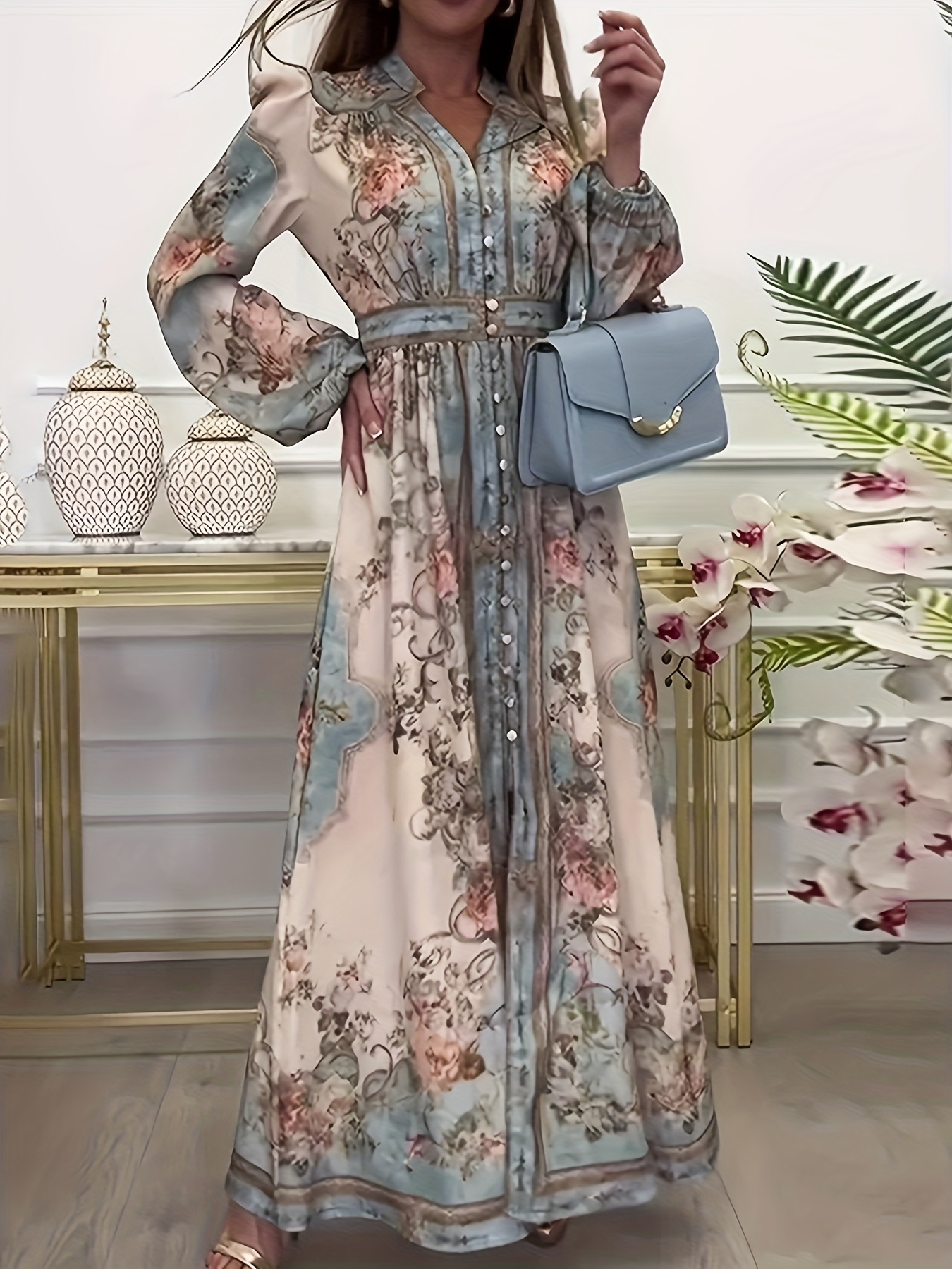 FIGDAW Elegant Floral Print V-Neck Long Sleeve Evening Dress - Slim Fit Pencil Skirt, Light Blue & Pink Floral Design, Perfect for Parties & Formal Events, Formal Evening Wear | Floral Print Dress | Polyester Fabric
